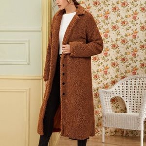Solid Lapel Collar Longline Teddy Coat